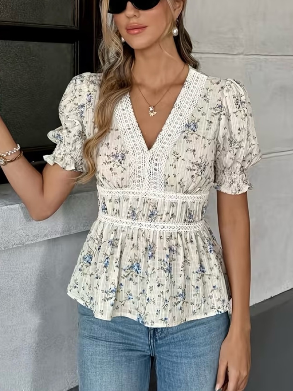 Floral Lace-Trim Peplum Blouse in Cream and Blue